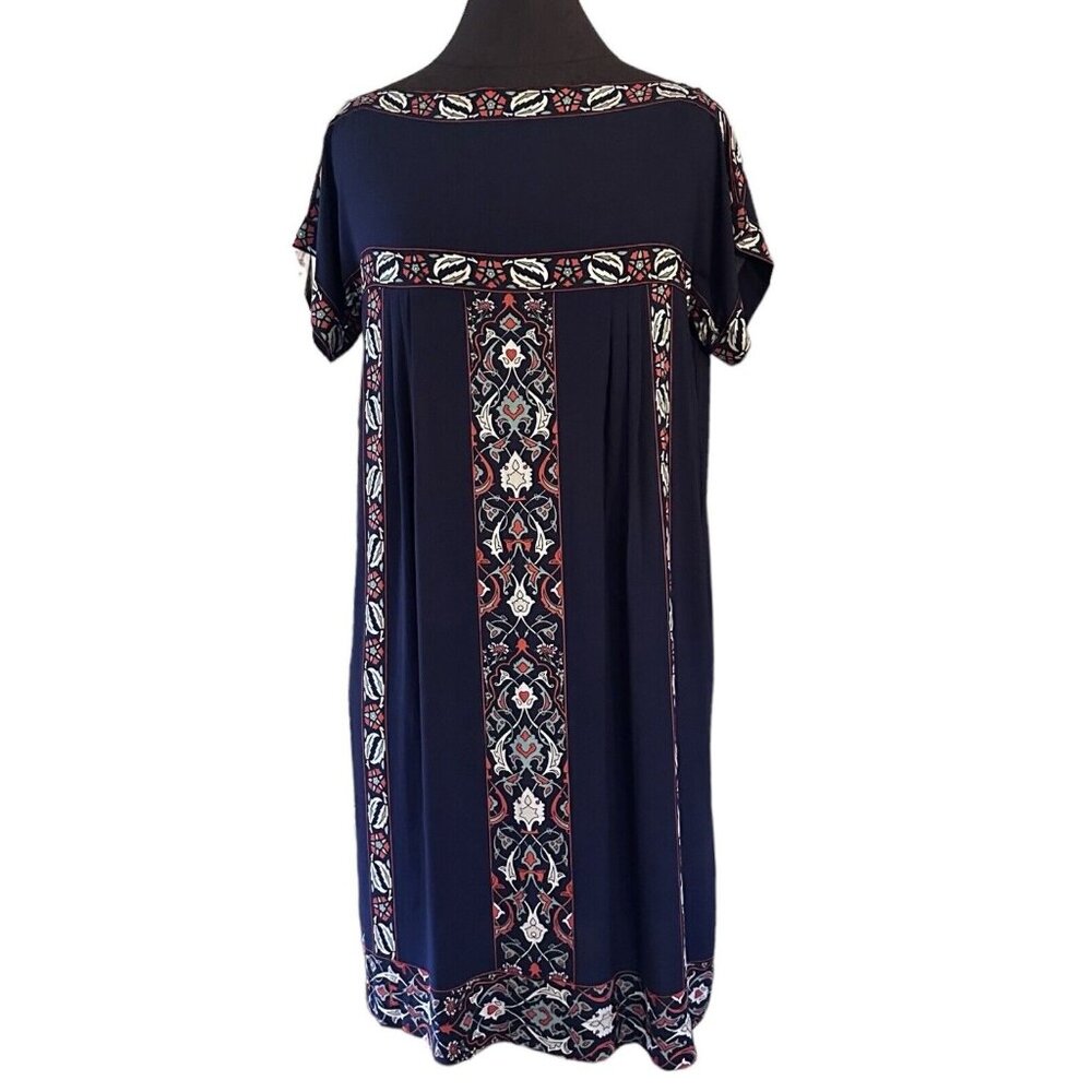 Max Studio Boho Shift Dress Size M Navy Blue Bohemian Floral Detail Boat Neck
